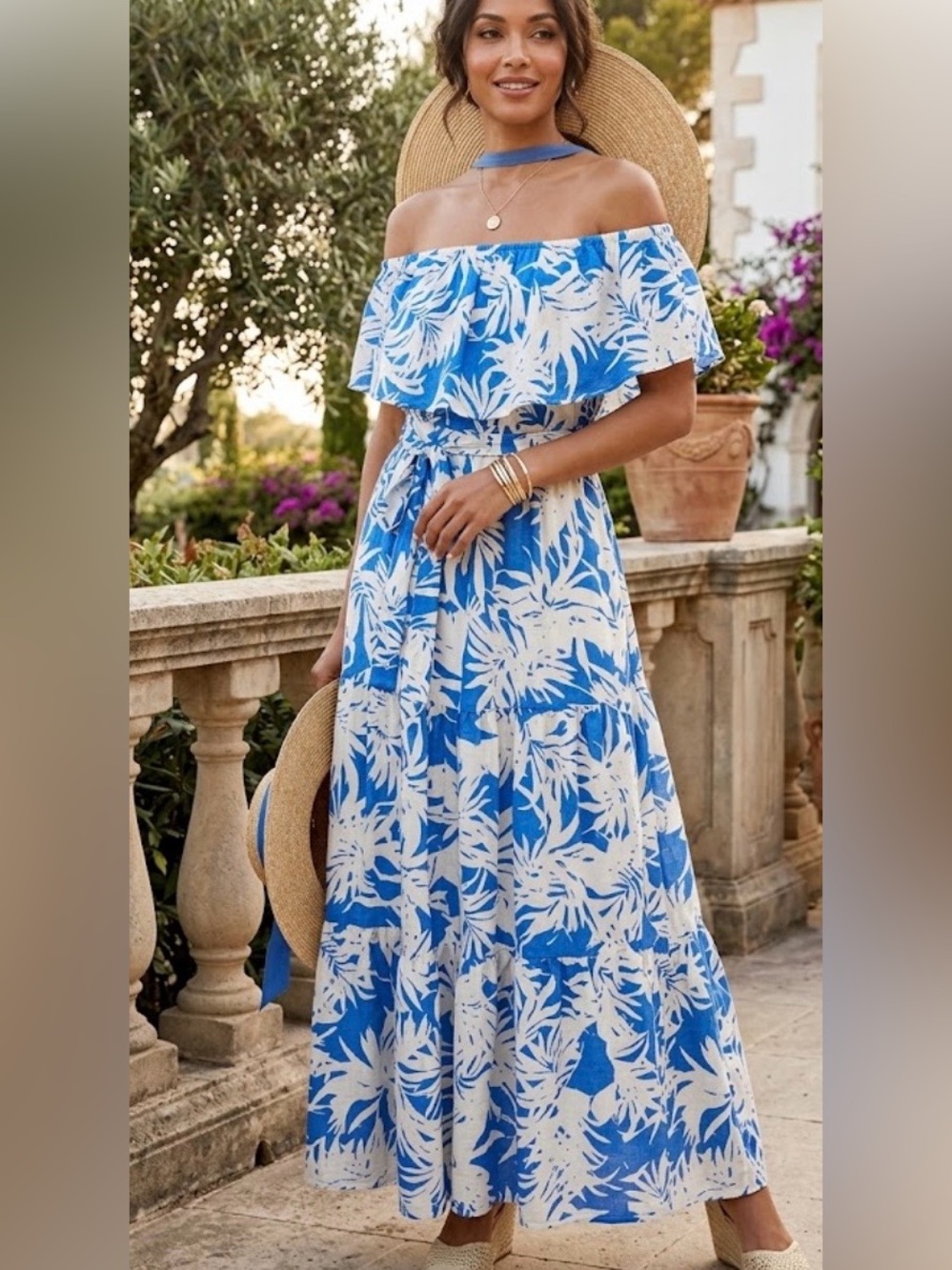 Flying Tomato Blue & White Off-Shoulder Tropical Maxi Dress